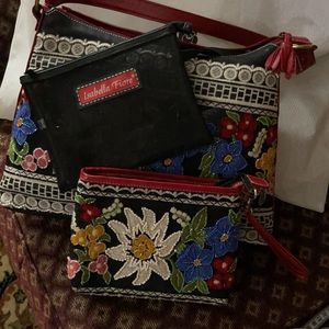 Embroiled red and black with multi colors flowers